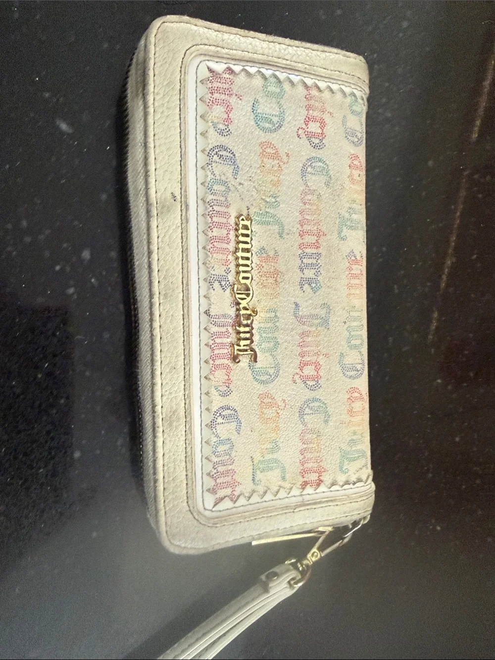 Juicy Couture Cream Wristlet with Multicolor Logo Print as is !